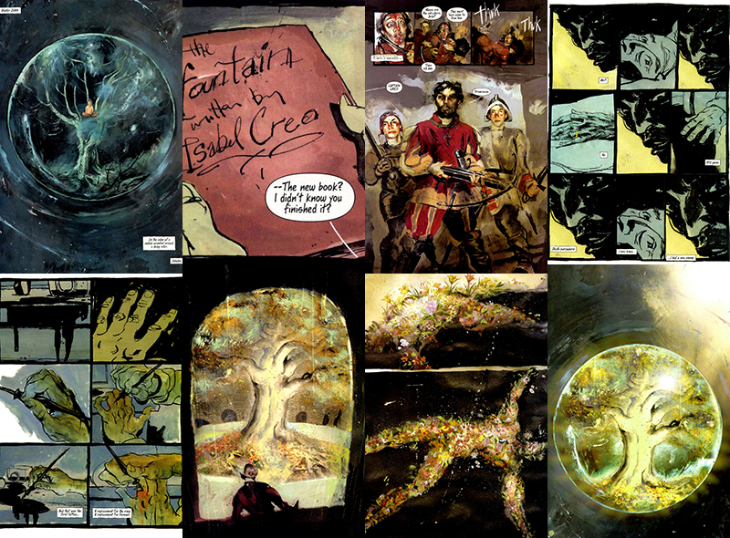 Algumas páginas da Graphic Novel “The Fountain”, com ilustrações de Kent Williams, publicada pela Vertigo Comics.