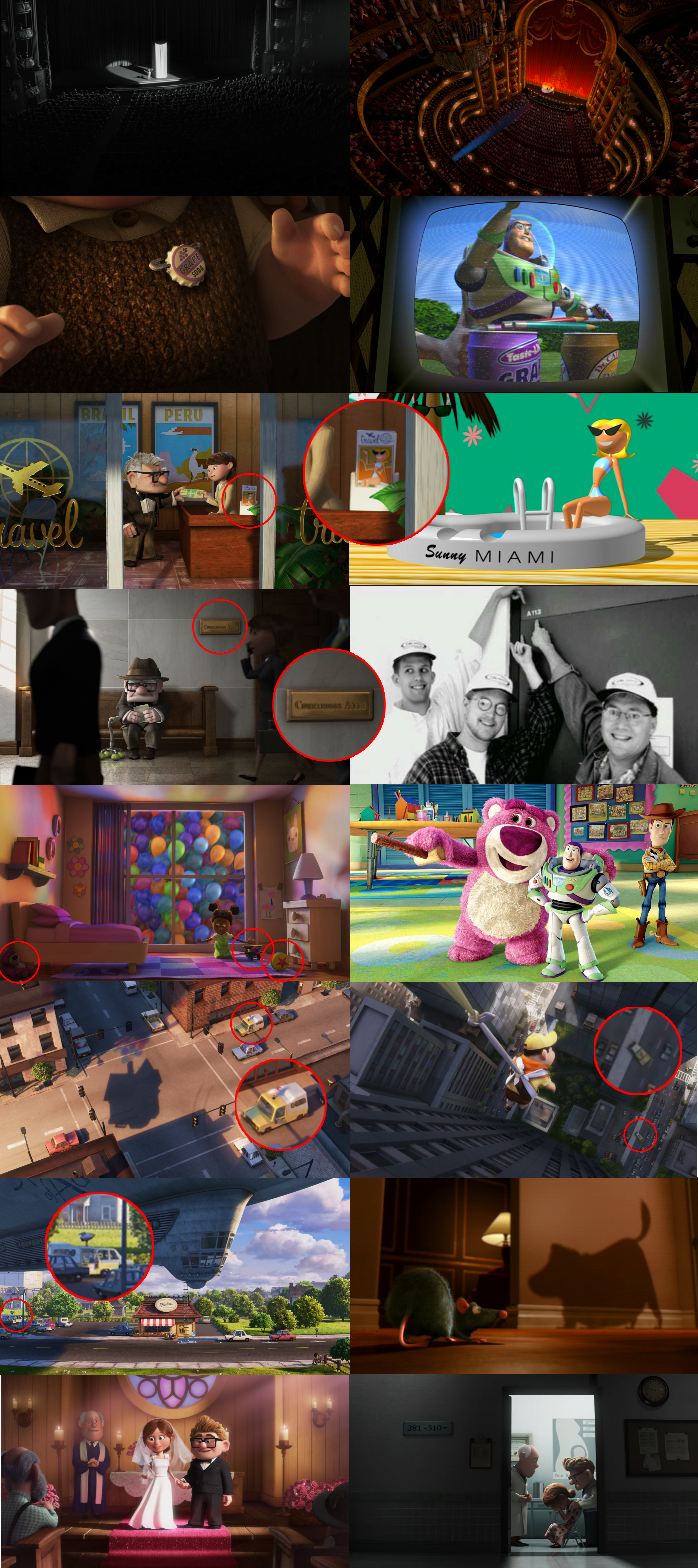 Legenda das fotos, da esquerda pra direita e de cima pra baixo: (Foto 1) Charles Muntz apresenta o esqueleto no palco; (Foto 2) O palco usado em Up é o mesmo do curta Presto (2008); (Foto 3) Tampinha de Grape Soda no peito de Carl; (Foto 4) A marca Grape Soda foi usada na latinha no comercial do Buzz Lightyear em Toy Story; (Foto 5) Carl na agência de viagens, destaque para o display sobre o balcão; (Foto 6) A garota da foto é a mesma usada no curta Knick Knack (1989); (Foto 7) Carl no tribunal. Destaque para a placa que indica Courtroom A113; (Foto 8) A113 é o número da sala de aula do Instituto de Artes da Califórnia (CalArts, dá até pra ver o nome nos seus bonés), onde vários grandes animadores aprenderam a animar. Na foto estão Pete Docter (à esquerda), diretor de Up, Monstros S.A. (2001), e Divertida Mente (2015), Andrew Stanton (meio), diretor de Procurando Nemo (2003), Wall-E (2008), e Procurando Dory (2016), e John Lassater (à direita), diretor de Toy Story, Vida de Inseto, e Carros (2006) (Foto 9) Quarto de uma menina. Destaque para o urso de pelúcia à esquerda, o avião de brinquedo que aparece em Toy Story quando Buzz “prova” que sabe voar, e a bola do curta Luxo Jr; (Foto 10) Lotso, o antagonista de Toy Story 3 (2010) é o urso de pelúcia que aparece no quarto da menina em Up; (Foto 11) Primeira aparição do carro do Pizza Planet; (Foto 12) Segunda aparição do carro do Pizza Planet; (Foto 13) Terceira aparição do carro do Pizza Planet; (Foto 14) Cena de Ratatouille (2007), onde aparece a sombra de Dug; (Foto 15) Casamento de Carl e Ellie, reparem no padre; (Foto 16) Ellie recebe a notícia de que não pode engravidar. Seu médico é também o padre que realizou seu casamento, ou seu irmão gêmeo. Isso é mais uma curiosidade do que um easter egg.