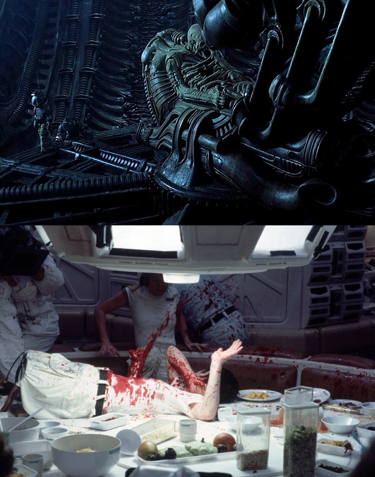 Acima: Cena do Space Jockey; Abaixo: Filmagens da cena em que a criatura explode pelo peito de Kane.