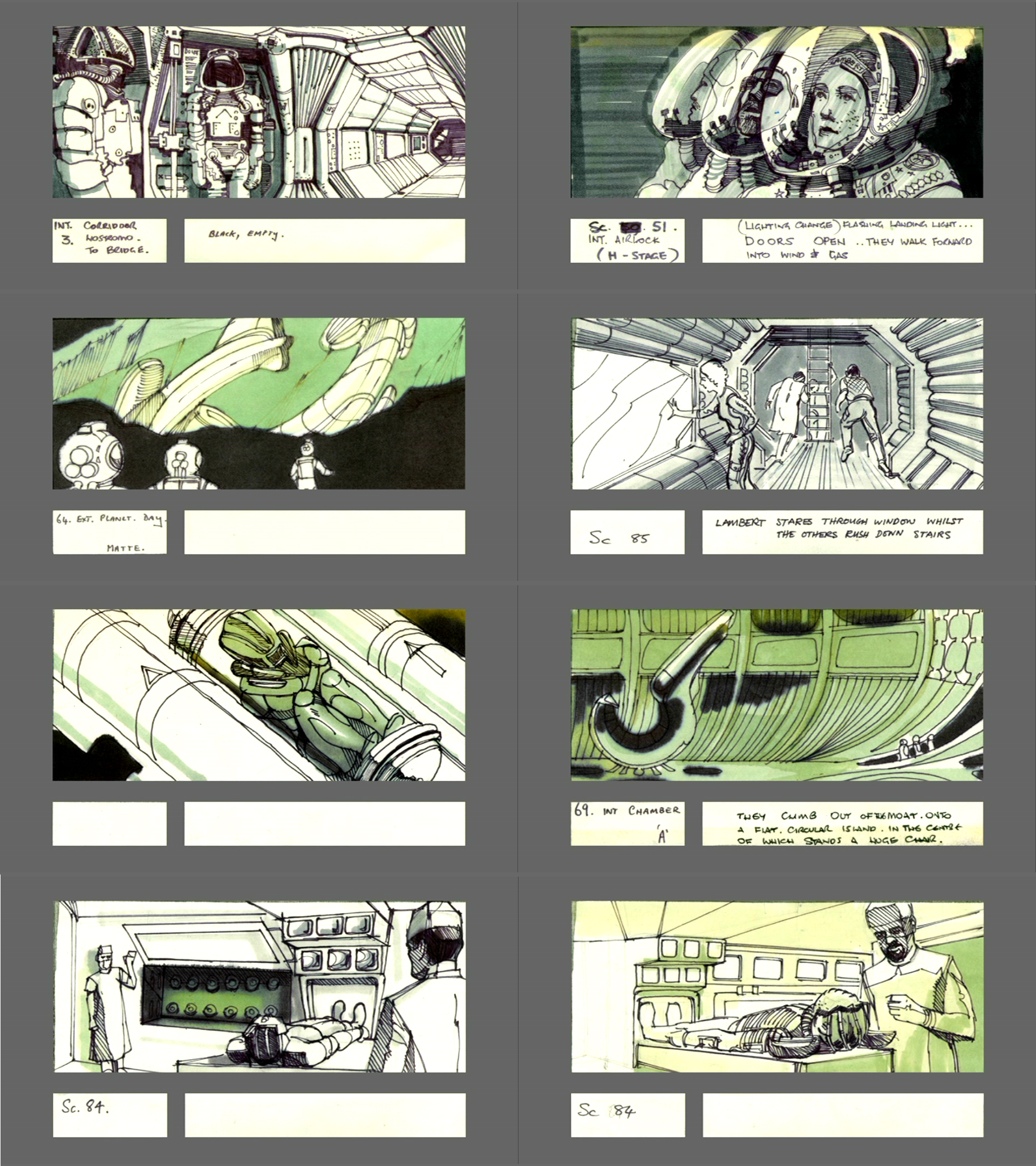 Desenhos do Storyboard feitos por Ridley Scott, com um visual muito inspirado pelo artista Moebius, e pelos quadrinhos “Heavy Metal”. Ao ver estes desenhos, fico com vergonha dos meus storyboards.