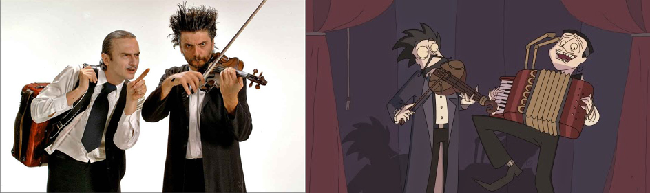À esquerda, Hique Gomez e Nico Nicolaiewsky interpretando respectivamente o Maestro Pletskaya e Kraunus Sang; à direita a versão animada.